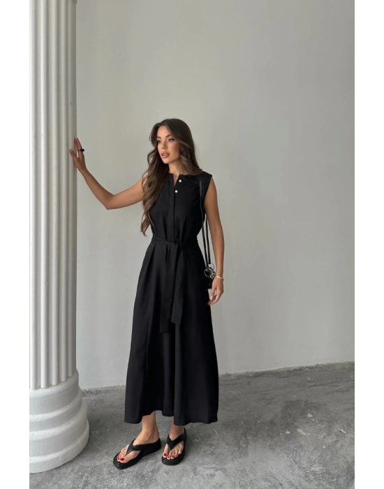 KETEN ELBİSE KOLSUZ BEL BAĞLAALI AXİ ELBİSE  Siyah