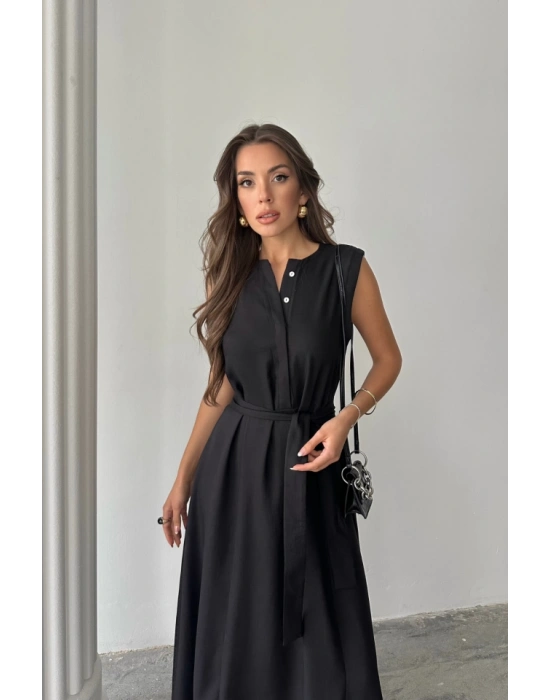 KETEN ELBİSE KOLSUZ BEL BAĞLAALI AXİ ELBİSE  Siyah