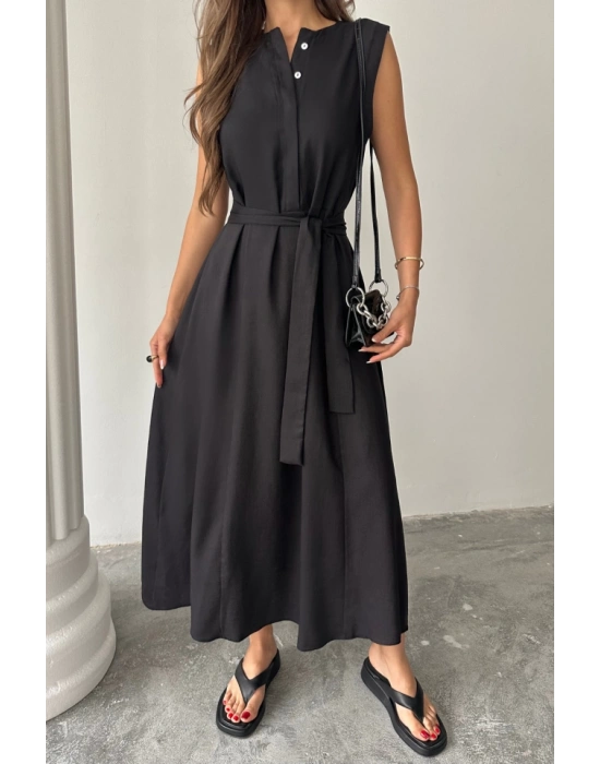 KETEN ELBİSE KOLSUZ BEL BAĞLAALI AXİ ELBİSE  Siyah