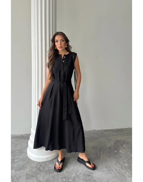 KETEN ELBİSE KOLSUZ BEL BAĞLAALI AXİ ELBİSE  Siyah