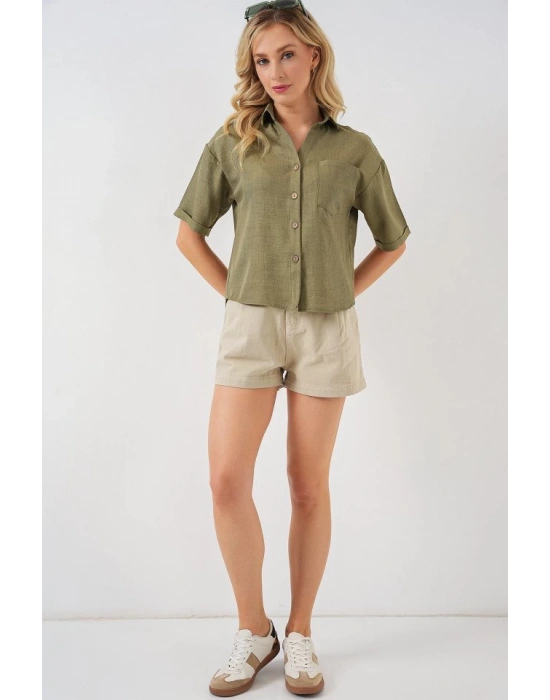 Keten Görünümlü Crop Gömlek 20339  Çağla