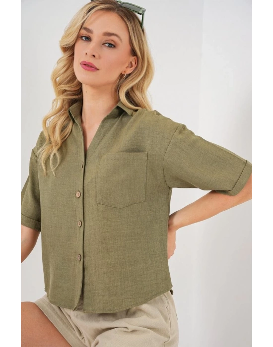 Keten Görünümlü Crop Gömlek 20339  Çağla