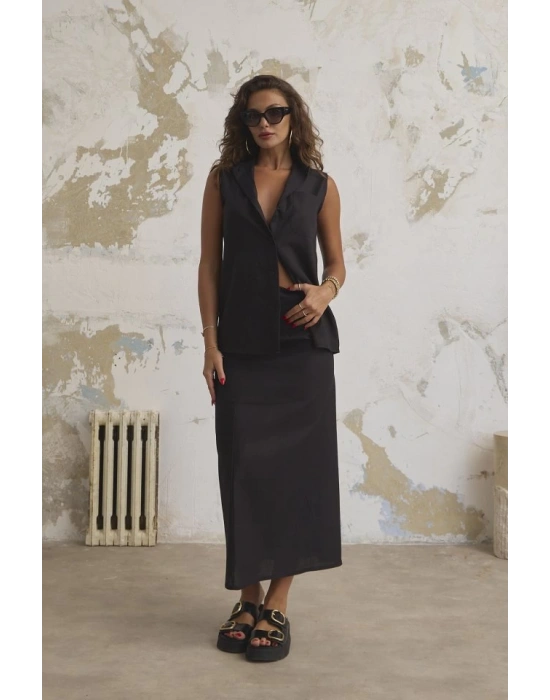 Keten Haki̇m Yaka Kolsuz Gömlek Etek Takim