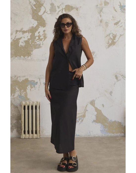 Keten Haki̇m Yaka Kolsuz Gömlek Etek Takim