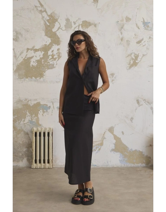 Keten Haki̇m Yaka Kolsuz Gömlek Etek Takim