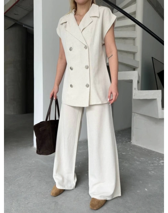 Keten ıfır Kol Blezer Ceket Pantolon Ikili Takım Beyaz