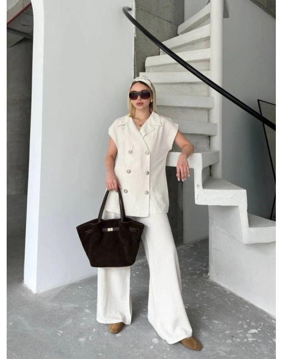 Keten ıfır Kol Blezer Ceket Pantolon Ikili Takım Beyaz