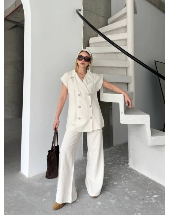 Keten ıfır Kol Blezer Ceket Pantolon Ikili Takım Beyaz