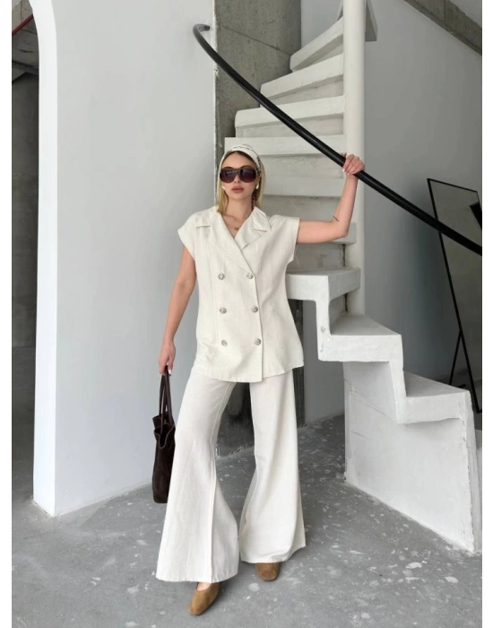 Keten ıfır Kol Blezer Ceket Pantolon Ikili Takım Beyaz