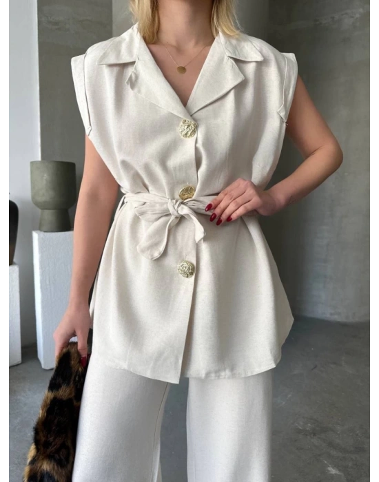 Keten ıfır Kol Kuşaklı Ceket Pantolon Ikili Takım  Beyaz