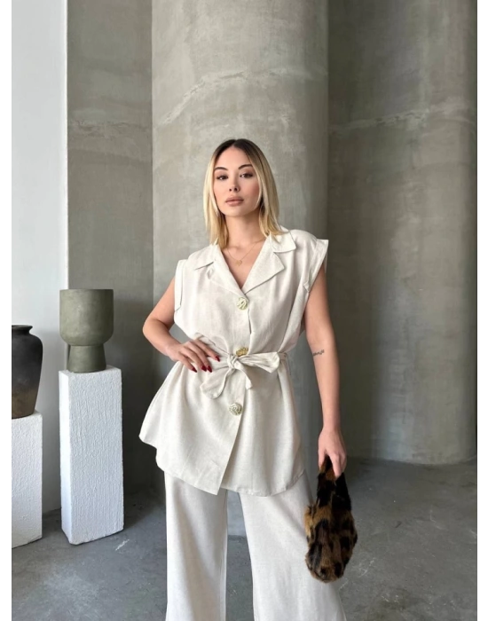 Keten ıfır Kol Kuşaklı Ceket Pantolon Ikili Takım  Beyaz