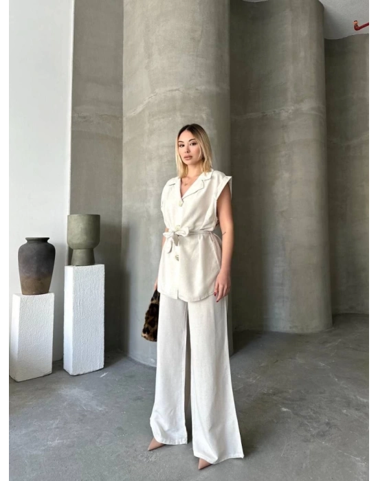 Keten ıfır Kol Kuşaklı Ceket Pantolon Ikili Takım  Beyaz