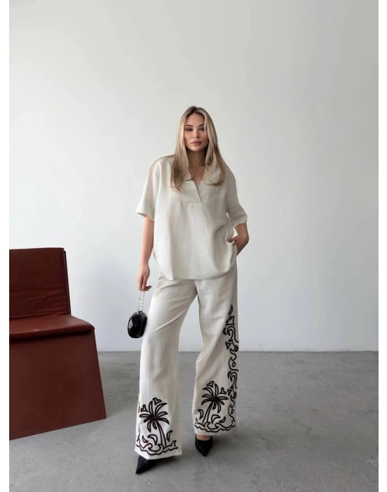 Keten Kısa Kolu  V Yaka Bluz Pantolon Ikili Takım Beyaz