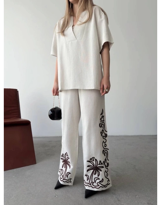 Keten Kısa Kolu  V Yaka Bluz Pantolon Ikili Takım Beyaz