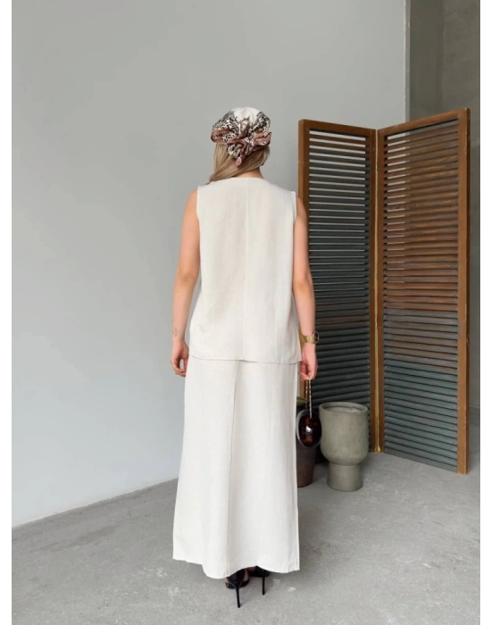 Keten Kolsuz Hırka Etek Ikili Takım Beyaz