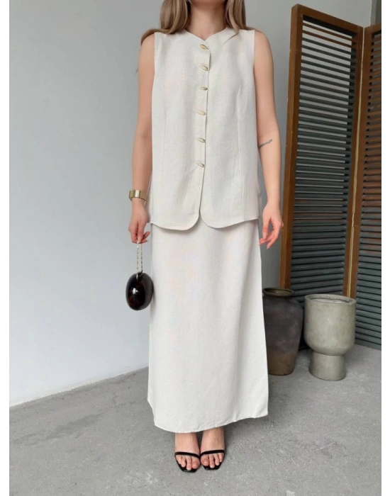 Keten Kolsuz Hırka Etek Ikili Takım Beyaz