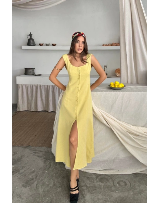 KETEN KOLSUZ KARE YAKA DÜĞE DETAYLI ELBİSE  Sarı