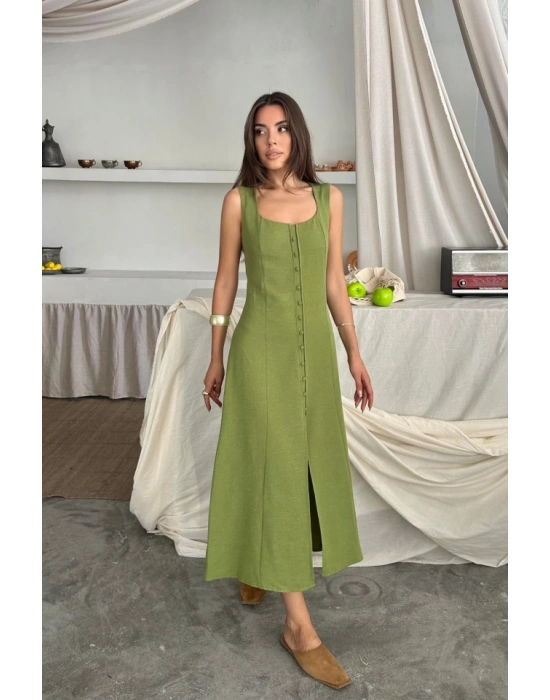 KETEN KOLSUZ KARE YAKA DÜĞE DETAYLI ELBİSE  Yağ Yeşili