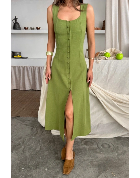 KETEN KOLSUZ KARE YAKA DÜĞE DETAYLI ELBİSE  Yağ Yeşili