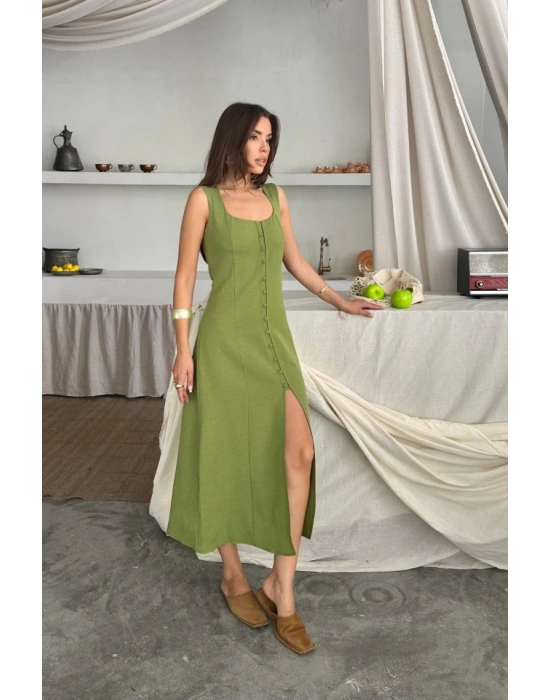 KETEN KOLSUZ KARE YAKA DÜĞE DETAYLI ELBİSE  Yağ Yeşili