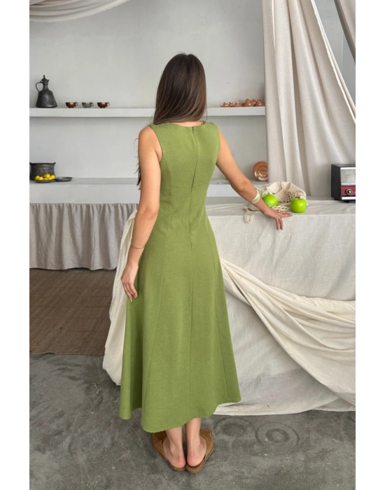 KETEN KOLSUZ KARE YAKA DÜĞE DETAYLI ELBİSE  Yağ Yeşili