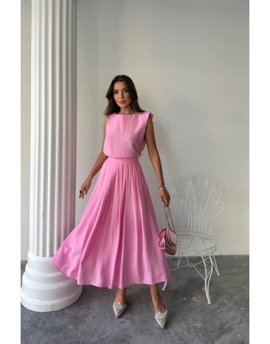 KETEN KOLUZ BLUZ  MAXİ ETEK TAKIM  Pembe