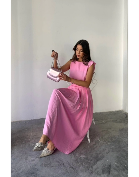 KETEN KOLUZ BLUZ  MAXİ ETEK TAKIM  Pembe