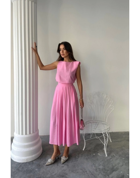 KETEN KOLUZ BLUZ  MAXİ ETEK TAKIM  Pembe