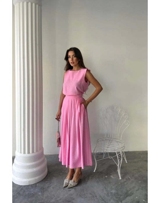 KETEN KOLUZ BLUZ  MAXİ ETEK TAKIM  Pembe