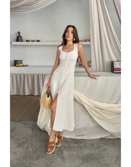 KETEN KOLSUZ KARE YAKA DÜĞE DETAYLI ELBİSE  Beyaz