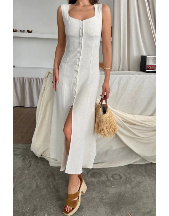 KETEN KOLSUZ KARE YAKA DÜĞE DETAYLI ELBİSE  Beyaz