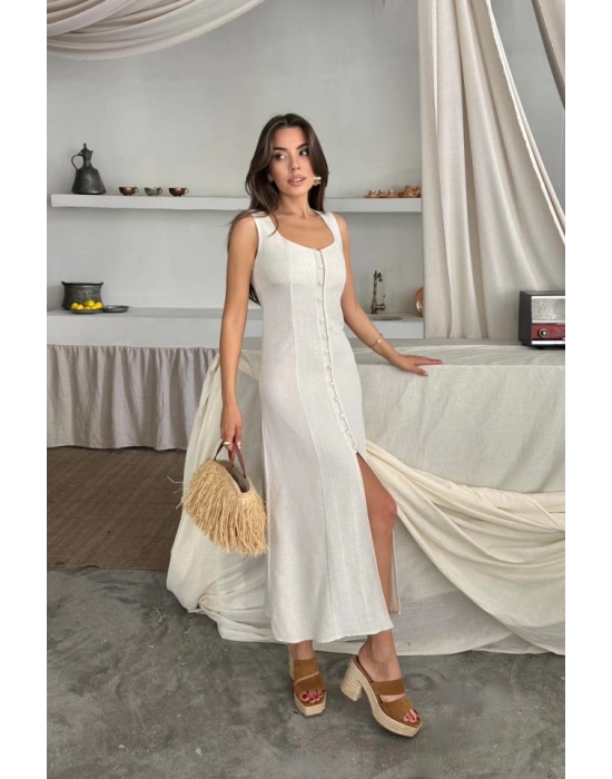 KETEN KOLSUZ KARE YAKA DÜĞE DETAYLI ELBİSE  Beyaz