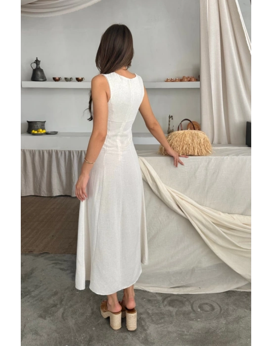 KETEN KOLSUZ KARE YAKA DÜĞE DETAYLI ELBİSE  Beyaz