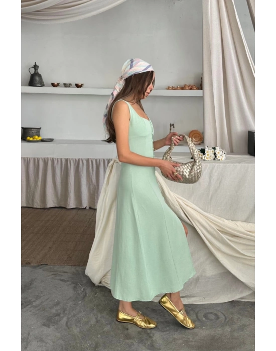 KETEN KOLUZ KARE YAKA DÜĞME DETAYLI ELBİE  Mint