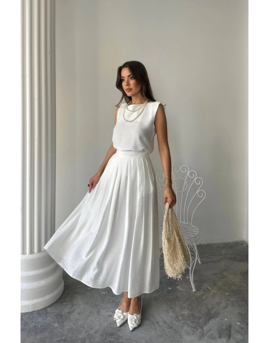 KETEN KOSUZ BUZ  MAXİ ETEK TAKIM  Beyaz