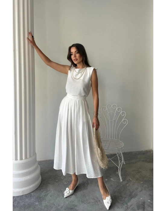 KETEN KOSUZ BUZ  MAXİ ETEK TAKIM  Beyaz