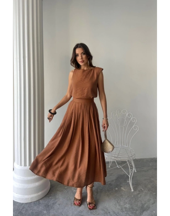 KETEN KOSUZ BUZ  MAXİ ETEK TAKIM  Kahverengi