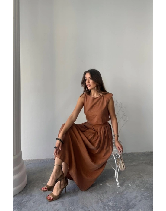 KETEN KOSUZ BUZ  MAXİ ETEK TAKIM  Kahverengi