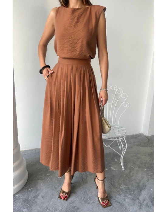 KETEN KOSUZ BUZ  MAXİ ETEK TAKIM  Kahverengi