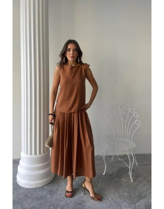 KETEN KOSUZ BUZ  MAXİ ETEK TAKIM  Kahverengi