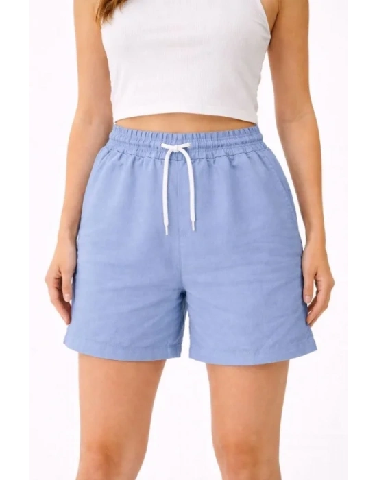 Keten Kumaş Cepli Rahat Kesim Bel astikli Şort  avi