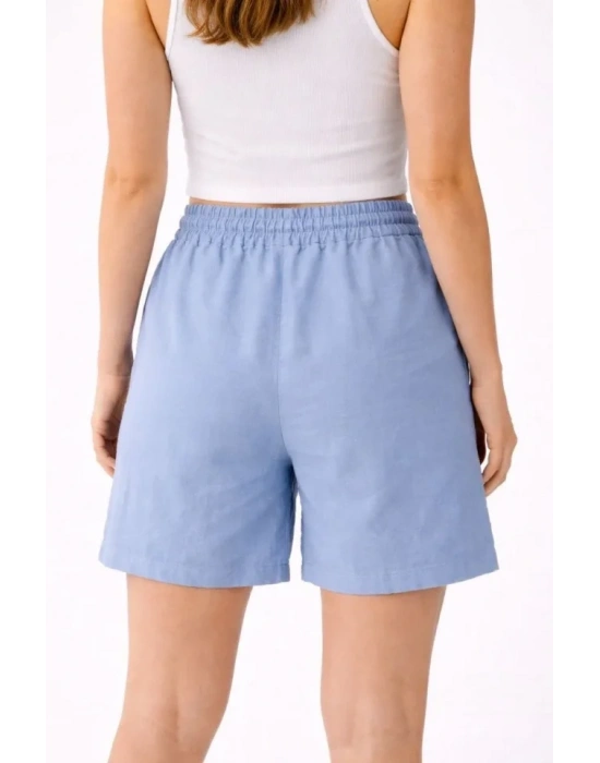 Keten Kumaş Cepli Rahat Kesim Bel astikli Şort  avi