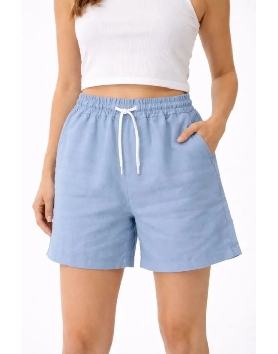 Keten Kumaş Cepli Rahat Kesim Bel astikli Şort  avi