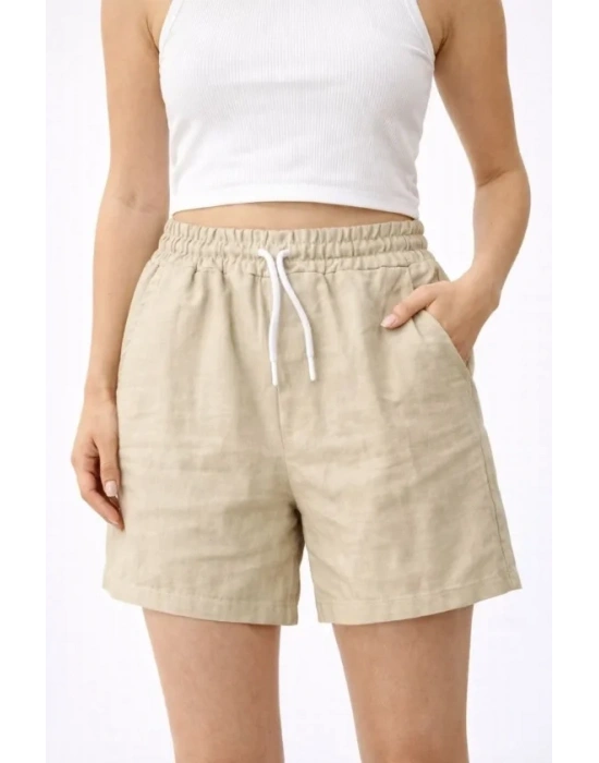 Keten Kumaş Cepli Rahat Kesim Bel astikli Şort  Bej