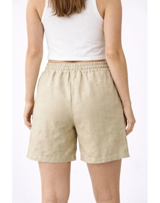 Keten Kumaş Cepli Rahat Kesim Bel astikli Şort  Bej