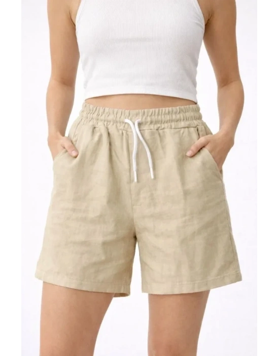 Keten Kumaş Cepli Rahat Kesim Bel astikli Şort  Bej