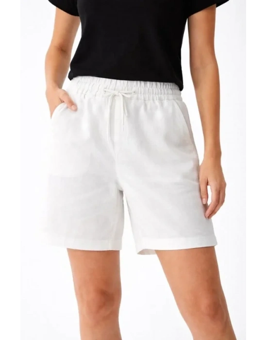 Keten Kumaş Cepli Rahat Kesim Bel astikli Şort  Beyaz