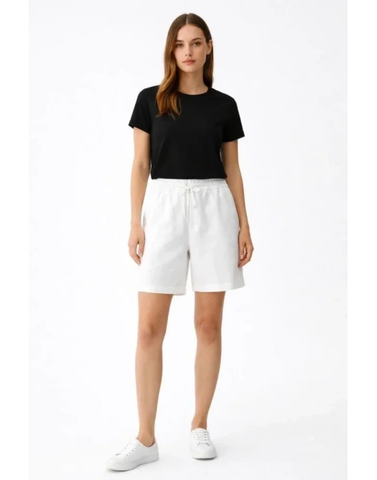 Keten Kumaş Cepli Rahat Kesim Bel astikli Şort  Beyaz