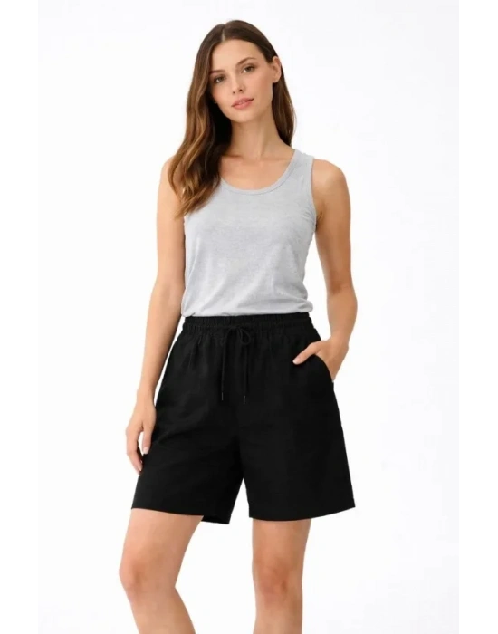 Keten Kumaş Cepli Rahat Kesim Bel astikli Şort  iyah