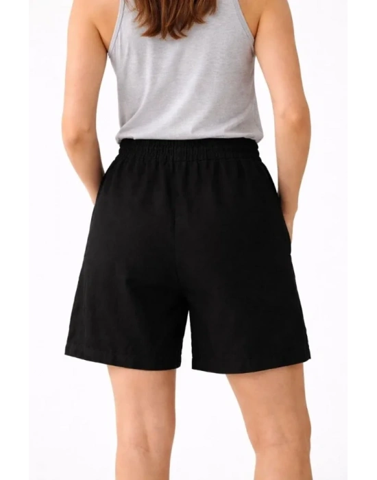 Keten Kumaş Cepli Rahat Kesim Bel astikli Şort  iyah